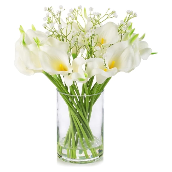 Calla Lilies Artificial Flowers in Glass Vase, Mixed Faux Real Touch Babys Breath and Lilies Fake Flowers with Faux Water in Vase for Dining Table Decor (White)