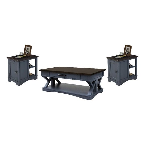 Pemberly Row Contemporary Denim Cocktail Table with 2 Chairside Tables