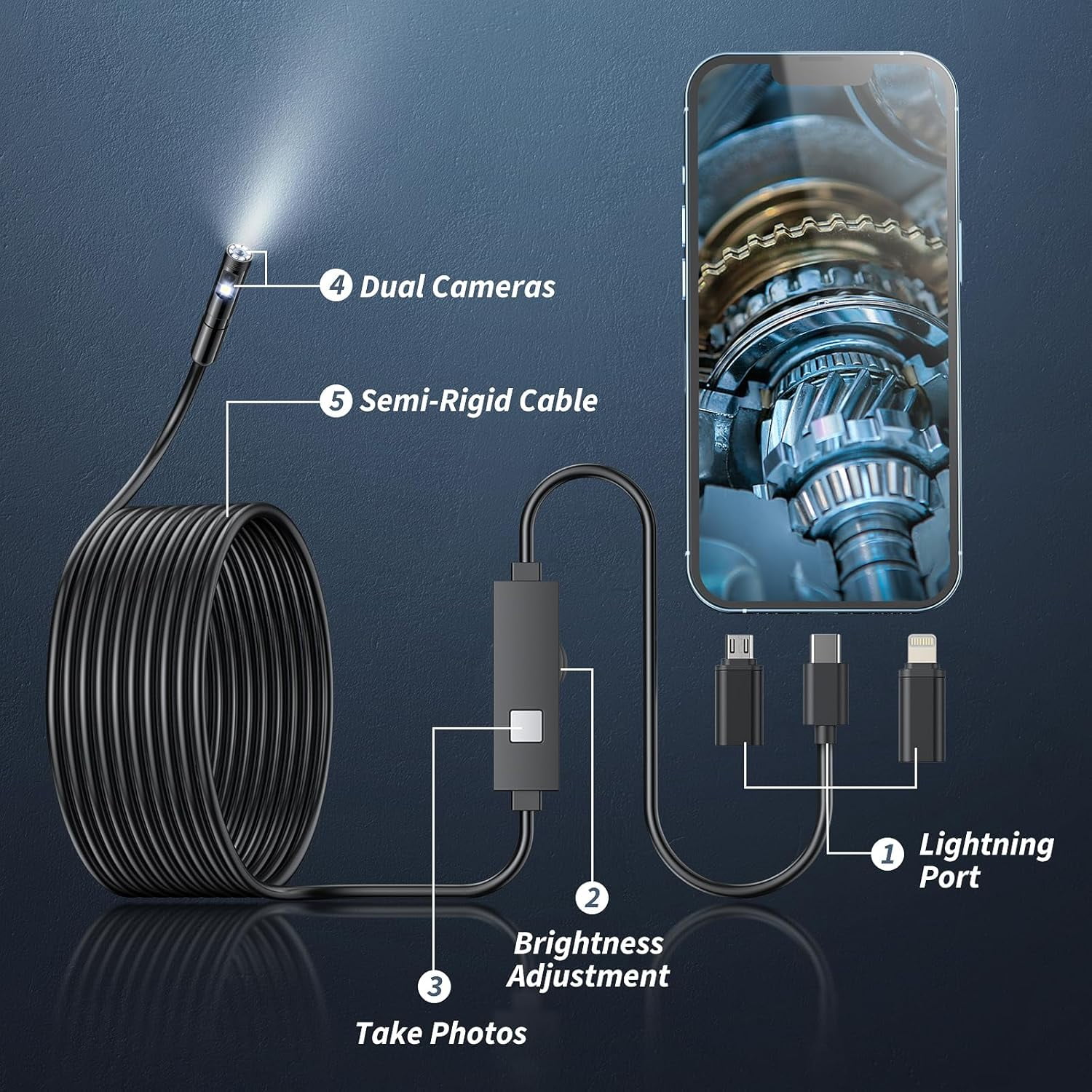 Dual-Lens Endoscope Camera with Light, 1920P HD Borescope Tools with 8 Adjustable LED Lights, Endoscope with 16.4ft Semi-Rigid Snake Camera, 8mm IP67 Waterproof Inspection Camera for iOS and Android