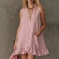 thumbnail image 2 of Women's Vertical Striped Dress, Casual Sleeveless Zip-up V Neck Mini Dress, Ruffle Hem Shift Summer Sundress with Pockets, 2 of 7