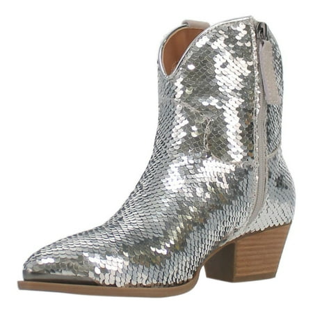 YDN Women Womens Sequins Closed Toe Ankle Booties Block Low Heel Side Zip Western Boots Sparkle Fall Weather Dress Shoes Size 14 Silver