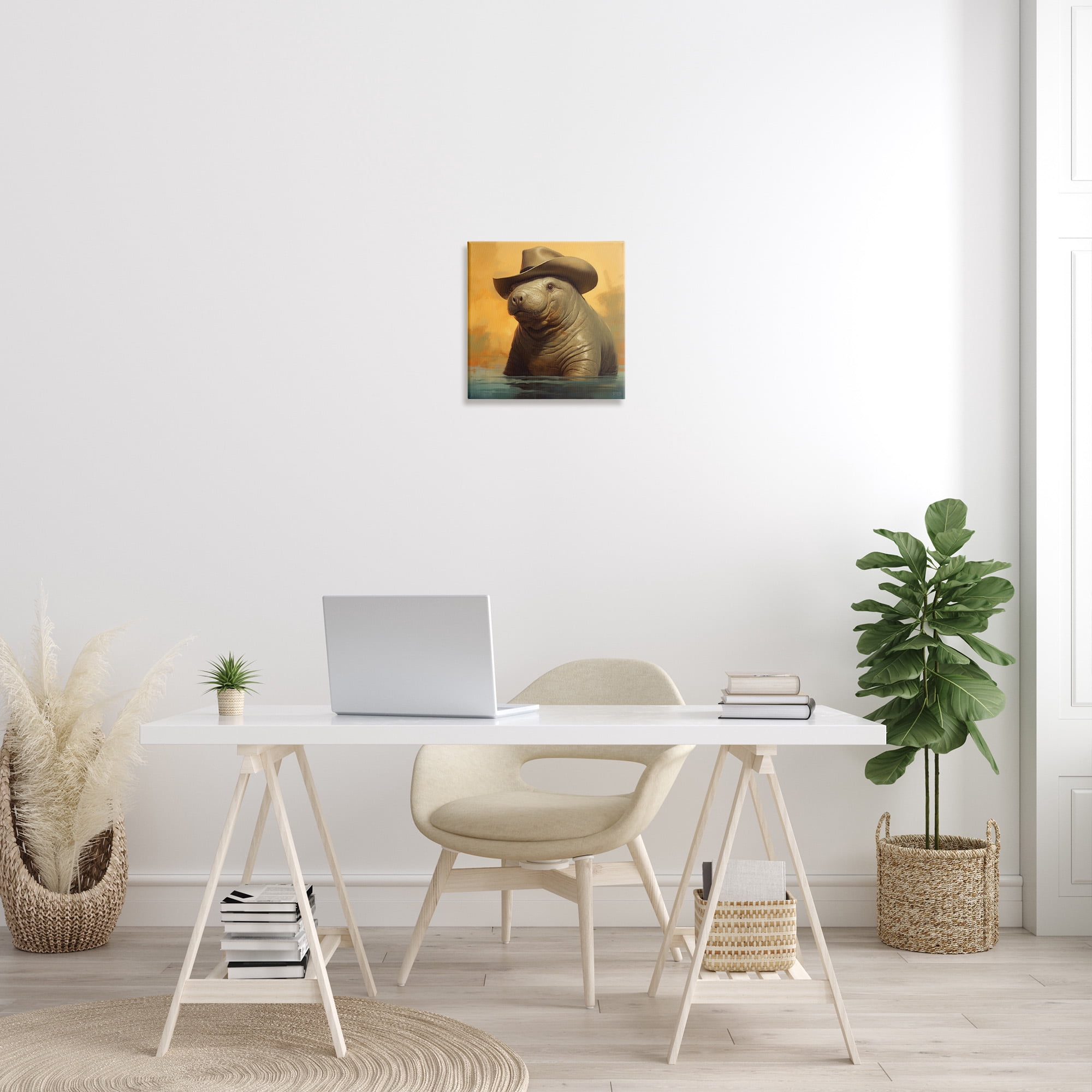 Stupell Industries Swimming Manatee with Hat Animals & Insects Painting Gallery Wrapped Canvas Art Print Wall Art, 17 x 17