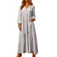 thumbnail image 2 of Women's Maxi Dress Long Sleeve V-Neck Loose Fit Button Down Cotton Linen Retro Swing Dress for Spring Fall Casual Daily Wear,Light Gray,2XL, 2 of 7