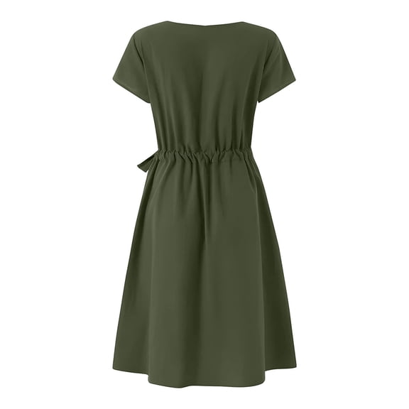 Ayolanni Dresses for Women 2026 Elastic Waist Short Sleeve Crew Neck Solid Midi A-Line Dress Cotton Linen Daily Casual Modest Swing Sundress with Pockets Green L