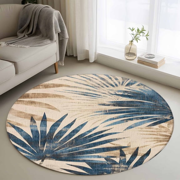 Blue Brown Palm Leaf Round Rug 3.3ft Washable Circle Entryway Rugs Non Slip Farmhouse Leaves Summer Botanical Area Rug Indoor Floor Carpet for Bedroom Kitchen Living Room Home Office Dining Room