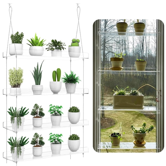 Hanging Clear Plant Shelves for Windows, 4-Tier Acrylic Window Wall Plant Stand Shelf for Kitchen Window Indoor Gardens, Flower, Succulents