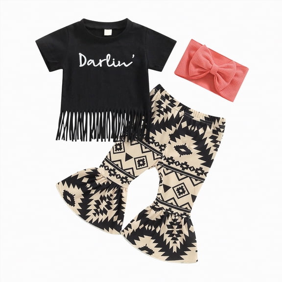 mgoYE Newborn Baby Girl Clothes Letter Print Tassel T-shirt Top Pants Headband 3Pcs Summer Outfit Set for Infant 0-24M(Black,6-12 Months)