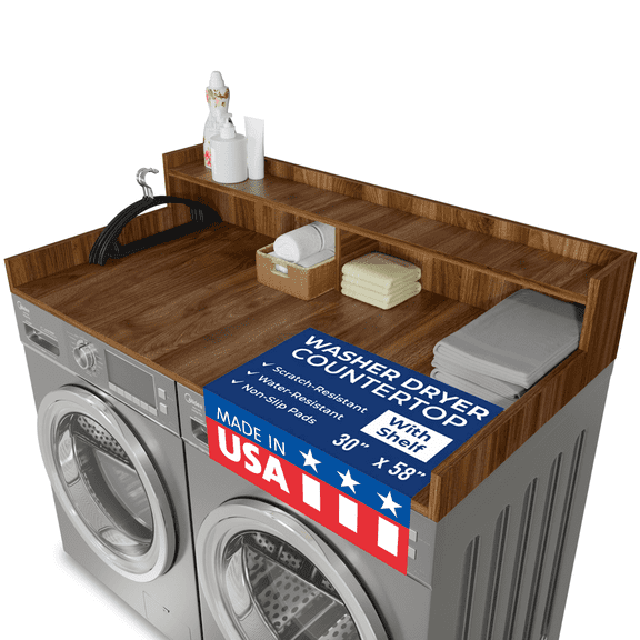 OfficeSimpli Large Washer Dryer Countertop with Shelf, 30 x 58 Inch Made in USA Laundry Countertop Over Washer and Dryer with Non-Slip Pads, Storage Shelf, Laundry Topper Organizer, California Walnut
