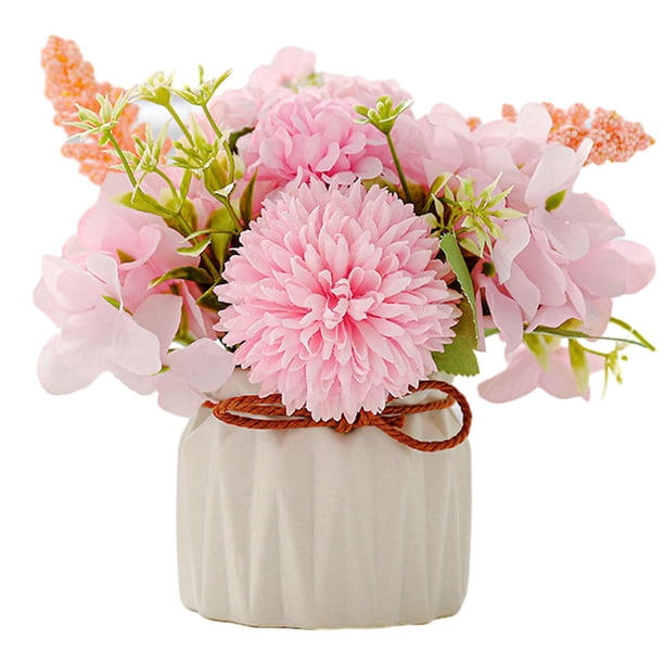 Flores artificiales en maceta, flores de hortensias, con jarrón de cerámica, como las reales.
