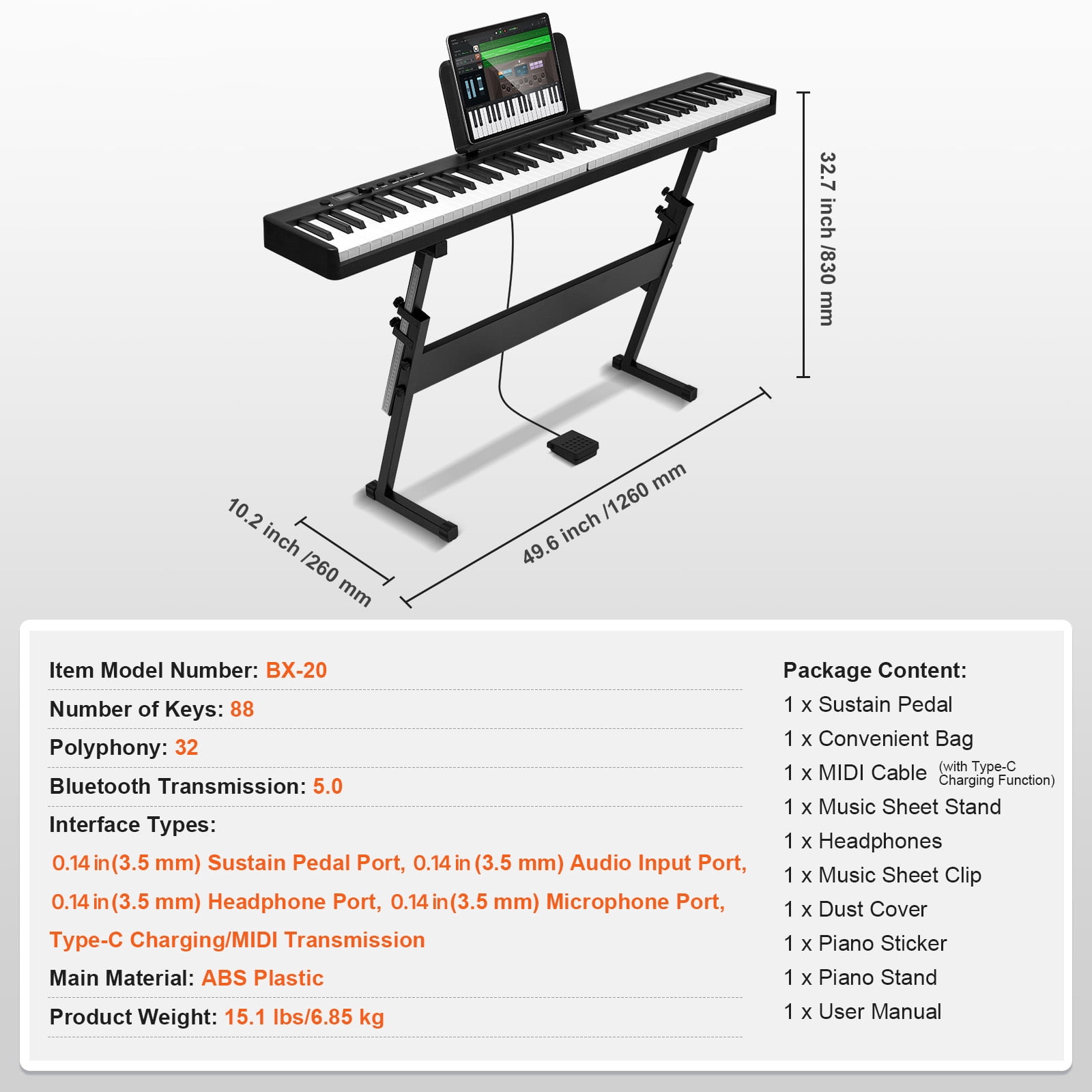KFFKFF 88 Key Folding Piano Keyboard, Bluetooth & MIDI, Compact Electronic Digital Piano with Stand, Sustain Pedal, Bag, Touch-Responsive Keys, Rechargeable for Novices Teens Adults, Black