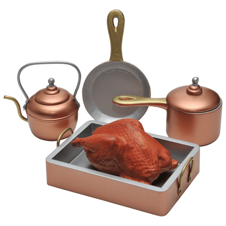 7 Piece Copper Look Pots, Pans, Kettle + Roast Chicken, Great Accessory for 18 Inch Dolls