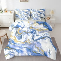 Castle Fairy Abstract Marble 7Pcs Bedding Comforter Set for Boys Girls Children,Gradient Marbling Watercolor Queen Bedding Sets Super Cozy,Gold Metallic Queen Sheet Sets,Luxury Bedroom Decor