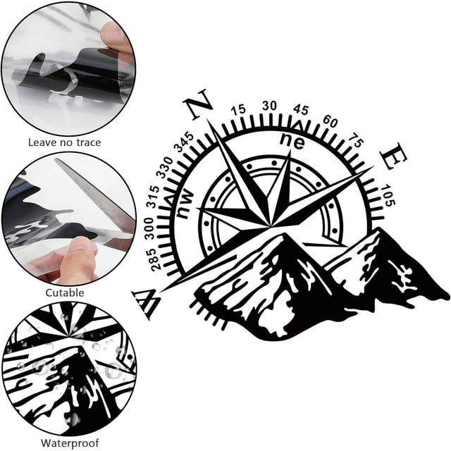 Brújula Mountain Car Calcomanías, Cool Auto Stickers Vinilo impermeable para capó Calcomanías para ventana de auto Gráficos para automóviles Cuerpo Puerta lateral Decoración del maletero Negro