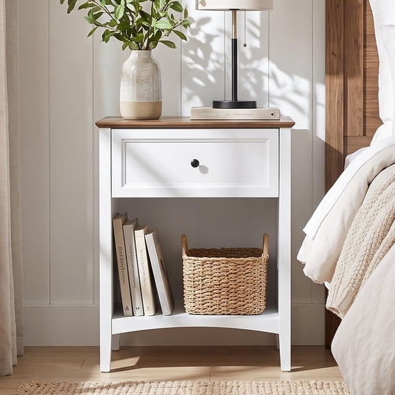 EcoNovi 26" Farmhouse Nightstand, 1-Drawer Bedside Table with Shelf, White/Black, 1 Pack/2 Pack