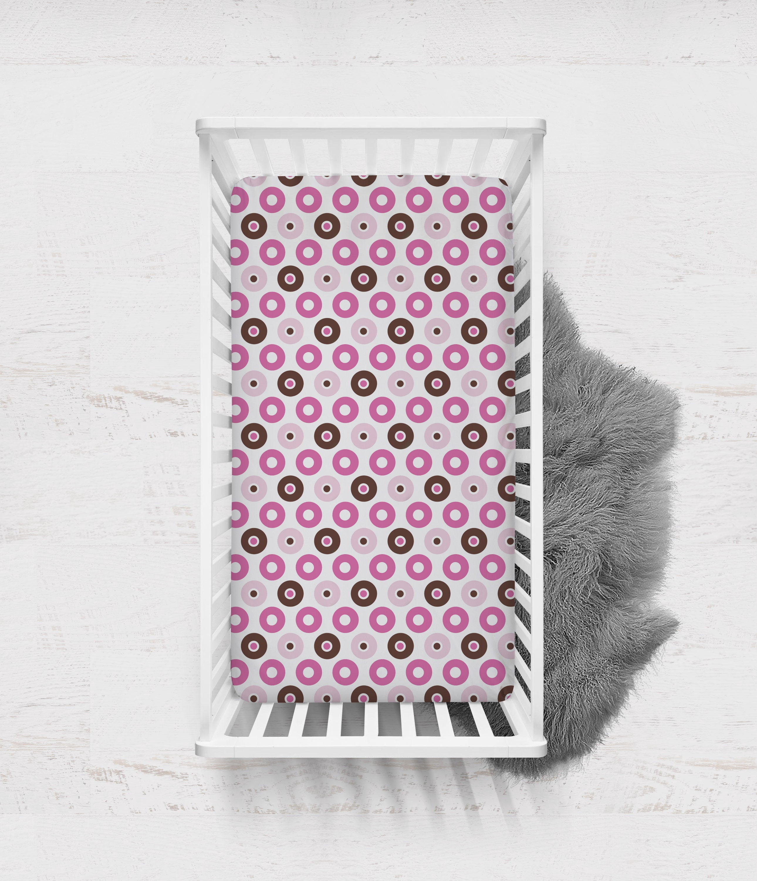 Bacati - Crib or Toddler Bed Fitted Sheet 100% Cotton Percale, Mod Dots/Stripes, Pink/Fuchsia/Beige/Brown