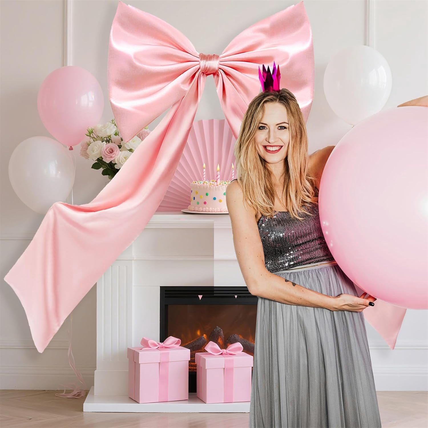 Coquette Large Satin Bow, 24 x 42 Inches, Pink Giant Bow Ribbon Tie for Coquette Room Decor, Birthday Party Backdrop Wall Decoration (Pink)