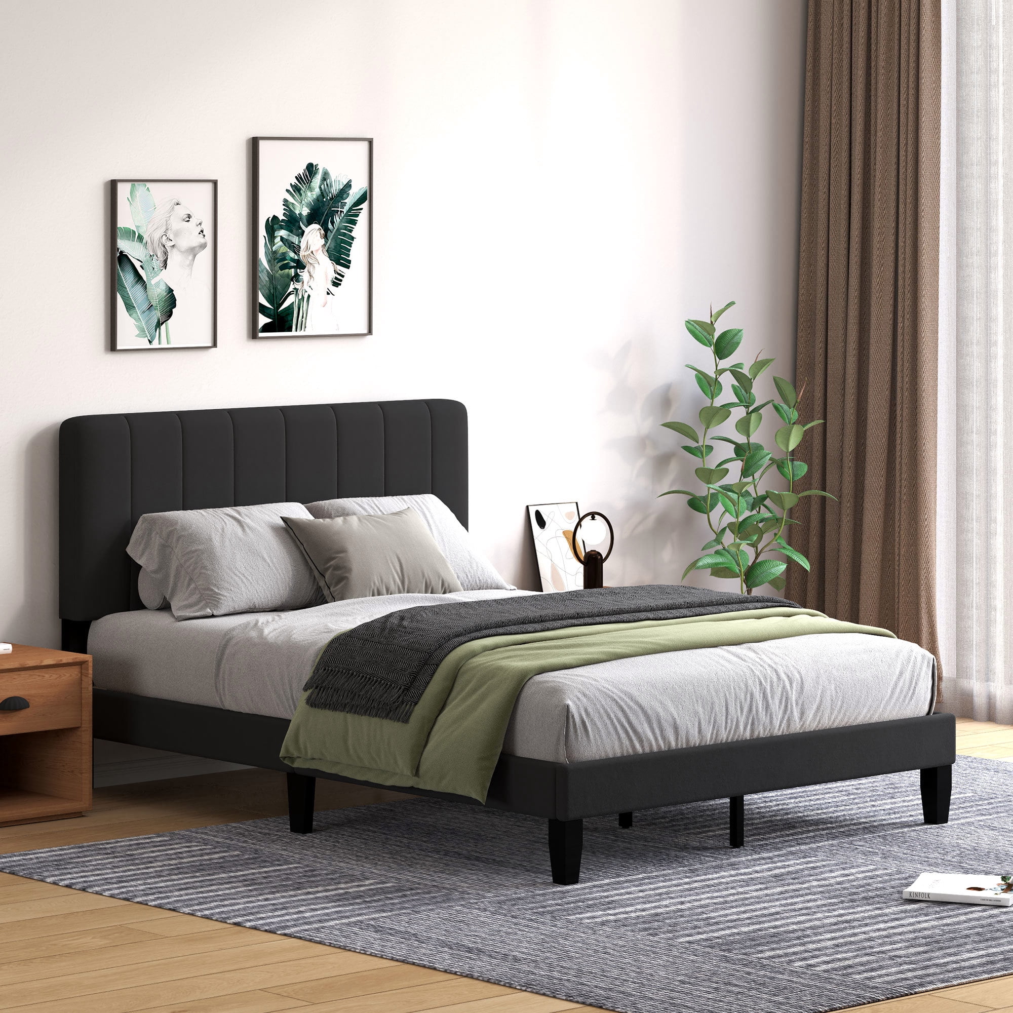 Pingliang Home Queen Size Bed Frame with Adjustable Upholstered Headboard&Wood Slats Support,Black