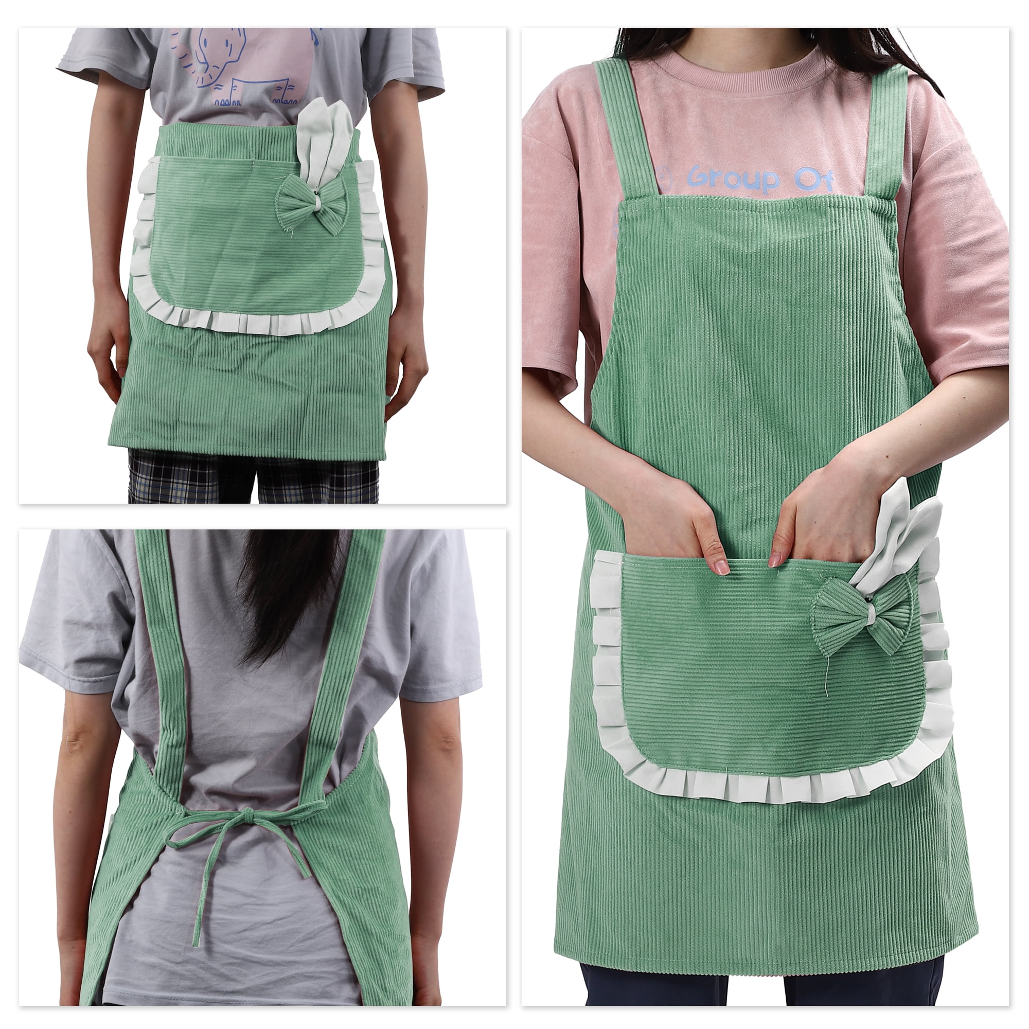 Unique Bargains Women Kitchen H Shoulder Corduroy Apron with Pockets for Cooking Green