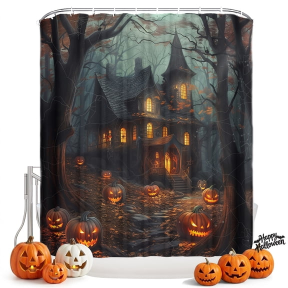 Shower Curtains for Bathroom-36"x72",Halloween Scary Haunted Castle Horror Pumpkin Waterproof Bath Curtain Grommet Shower Curtain Set with Hooks