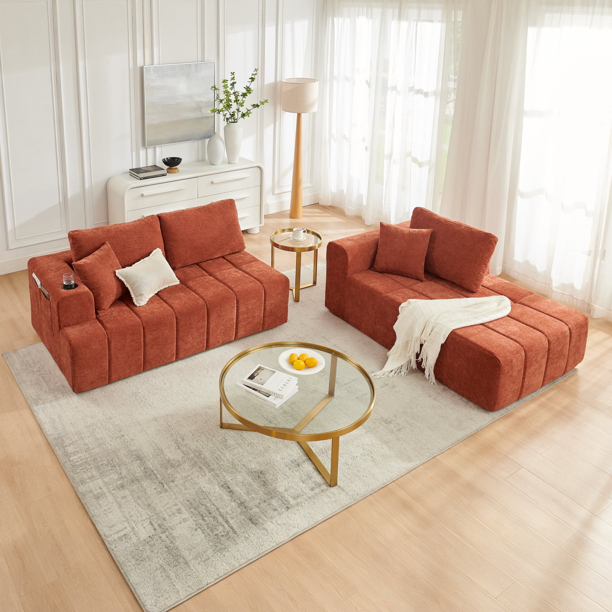 Leumius 108" L-Shaped Sectional Sofa,Chenille Boneless Couch, Modern 3-Seat Upholstered Cloud Couch Sectional with Deep Seat and Cup Holders for Living Room,No Assembly Required,Orange