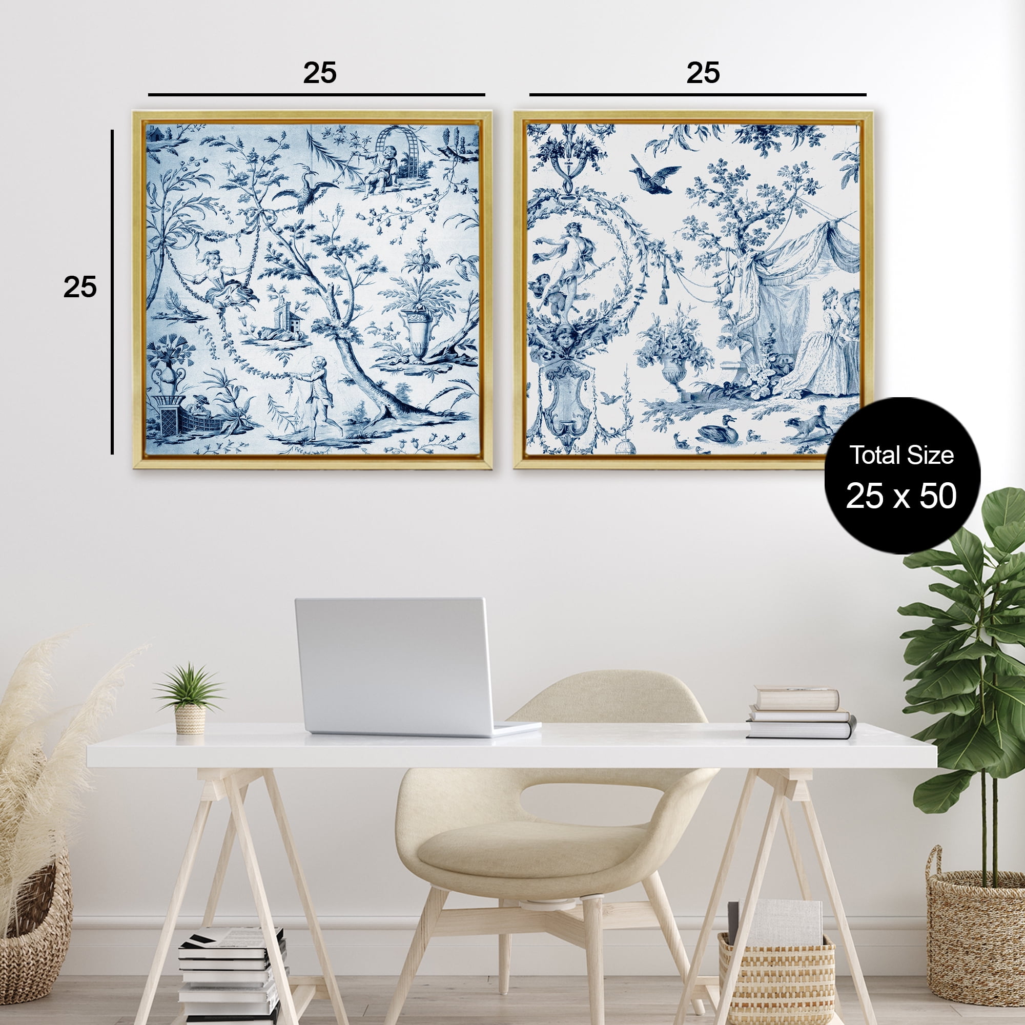 Intricate Toile Scenery 2 Piece Gold Framed Floater Canvas Set, design by Vintage Hustle