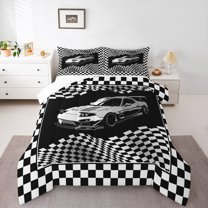 Homewish Grey Sport Car Full Size Comforter Sets 3-Piece for Kids Children Teens,Car Theme Bedding Comforter Set,Geometric Plaid Gird Lightweight Bedding Sets,Lightweight Room Decor