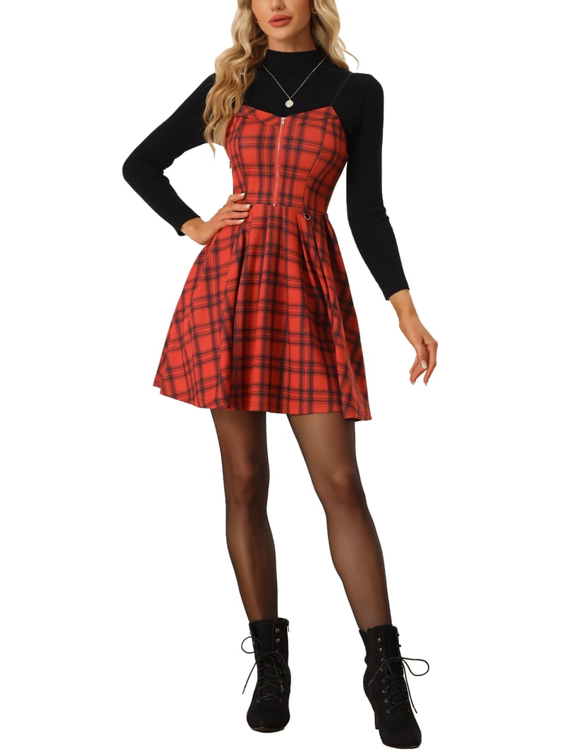 INSPIRE CHIC Plaid Dress for Women's Spaghetti Strap Skater Dress Red M -  Walmart.com