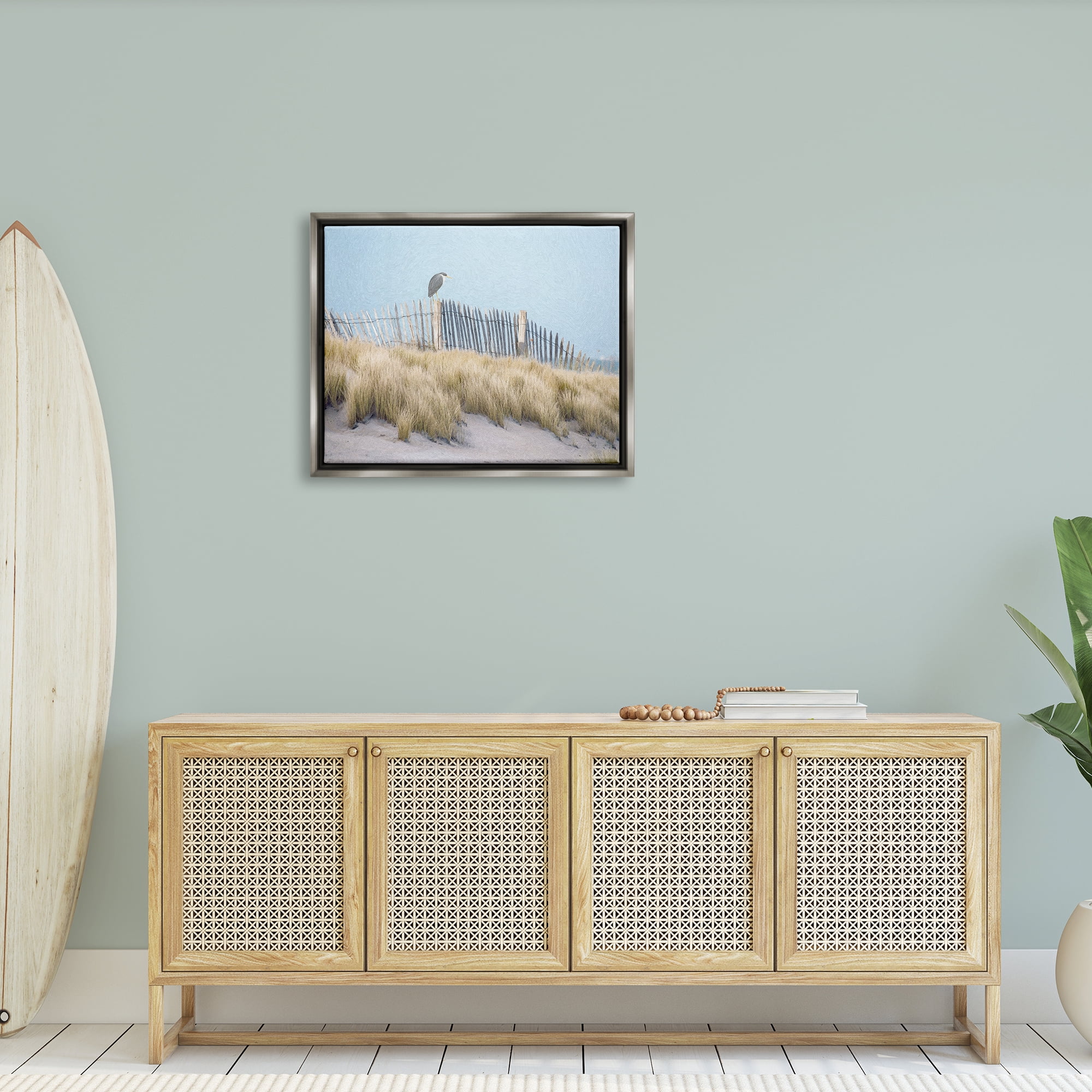 Stupell Bird Perched Nautical Beach Fence Landscape Painting Gray Floater Framed Art Print Wall Art