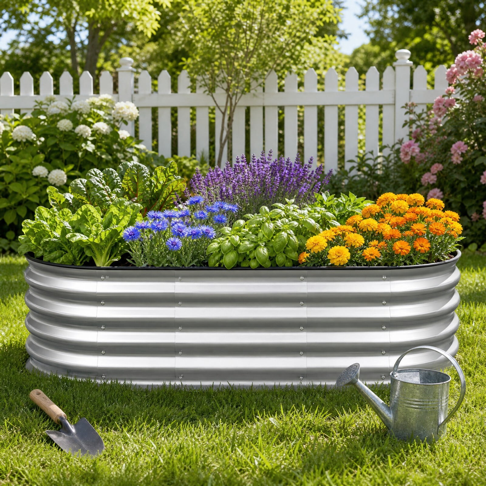Kelno Galvanized Metal Raised Garden Bed 4x2x1ft Outdoor Planter Box for Vegetables Flowers Herbs Open Bottom Oval Raised Bed, Silver