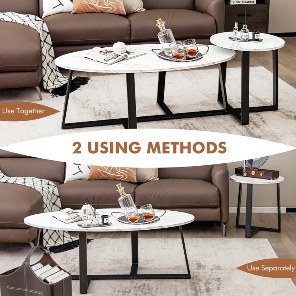 Finihen Coffee Table, Nesting Coffee Table, Set of 2 Modern Faux Marble Nesting Coffee Table Set with Oval and Round Table, for Living Room, Reception Room, White Finihen Coffee Table, Nesting Coffee Table, Set of 2 Modern Faux Marble Nesting Coffee Table Set with Oval and Round Table, for Living Room, Reception Room, White