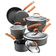 thumbnail image 1 of Rachael Ray Brights Juego de utensilios de cocina antiadherentes de aluminio anodizado duro con tapas de vidrio, juego de ollas y sartenes de 10 piezas, gris con asas naranjas, 1 of 5