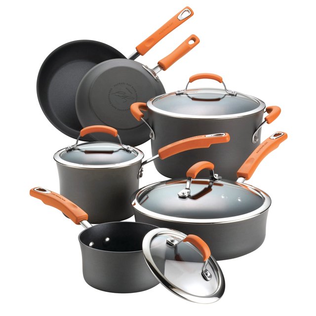 Rachael Ray Brights Juego de utensilios de cocina antiadherentes de aluminio anodizado duro con tapas de vidrio, juego de ollas y sartenes de 10 piezas, gris con asas naranjas