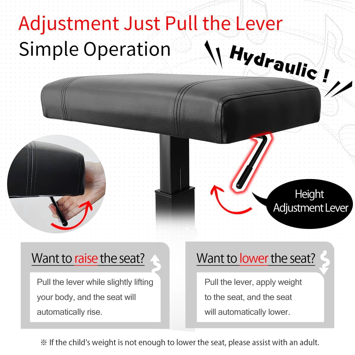 Height Adjustable Piano Bench 19.3" X 12.2" Seat Hydraulic Lifting Keyboard Pu Leather Chair Heavy Duty Stool With High-density Sponge Alloy Base (black  Smooth)