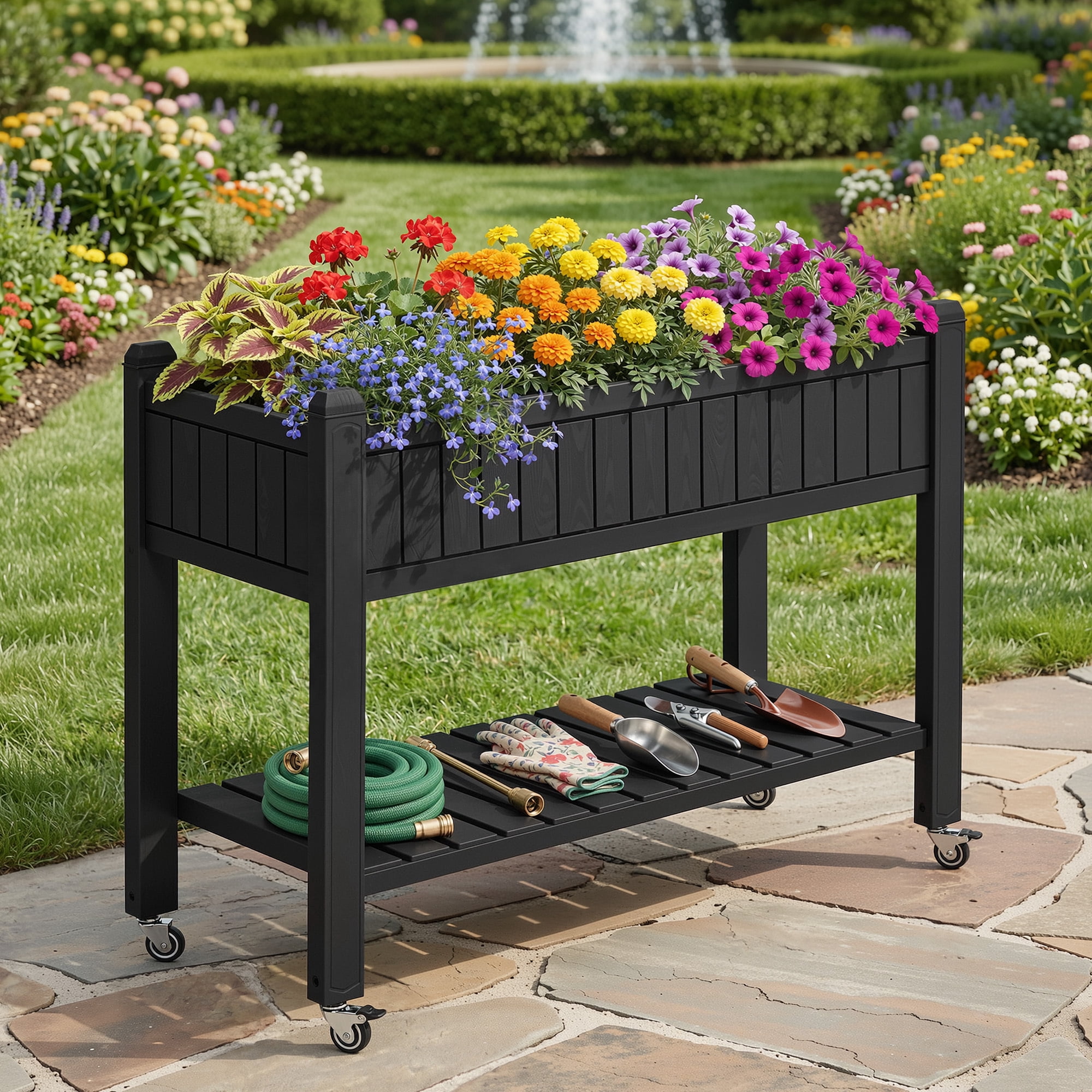 Uforic Mobile Raised Garden Bed 42.5x17.3x35.4 in, Elevated Plastic Planter Box with Drain Plug, Storage Shelf & Wheels, Black