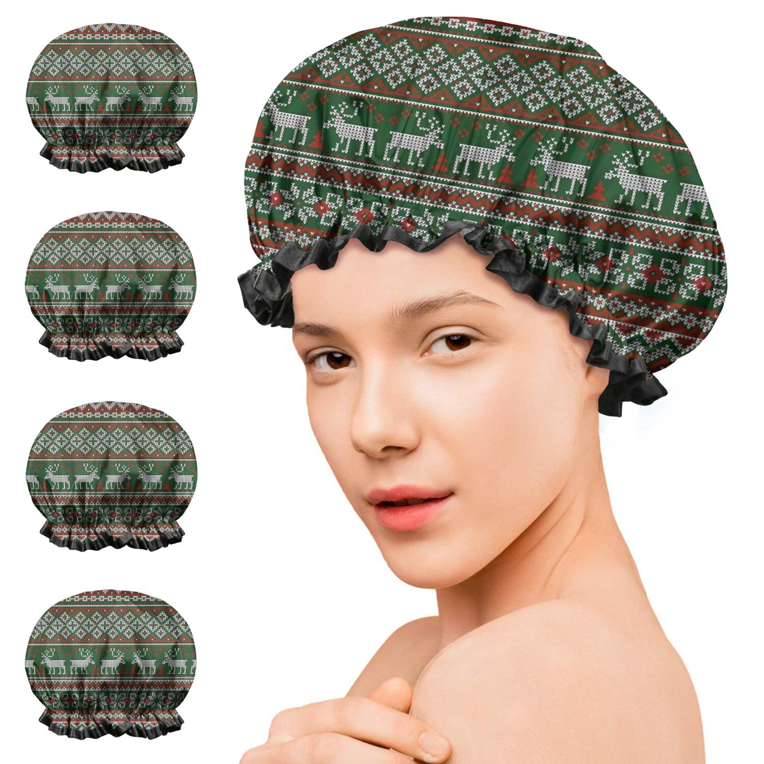 Shower Caps,Red and Green Christmas Reindeer Pattern Waterproof Shower Cap for Women 4 Pieces,Double Reusable Hair Cover for Shower PEVA Elastic Stretch Hem
