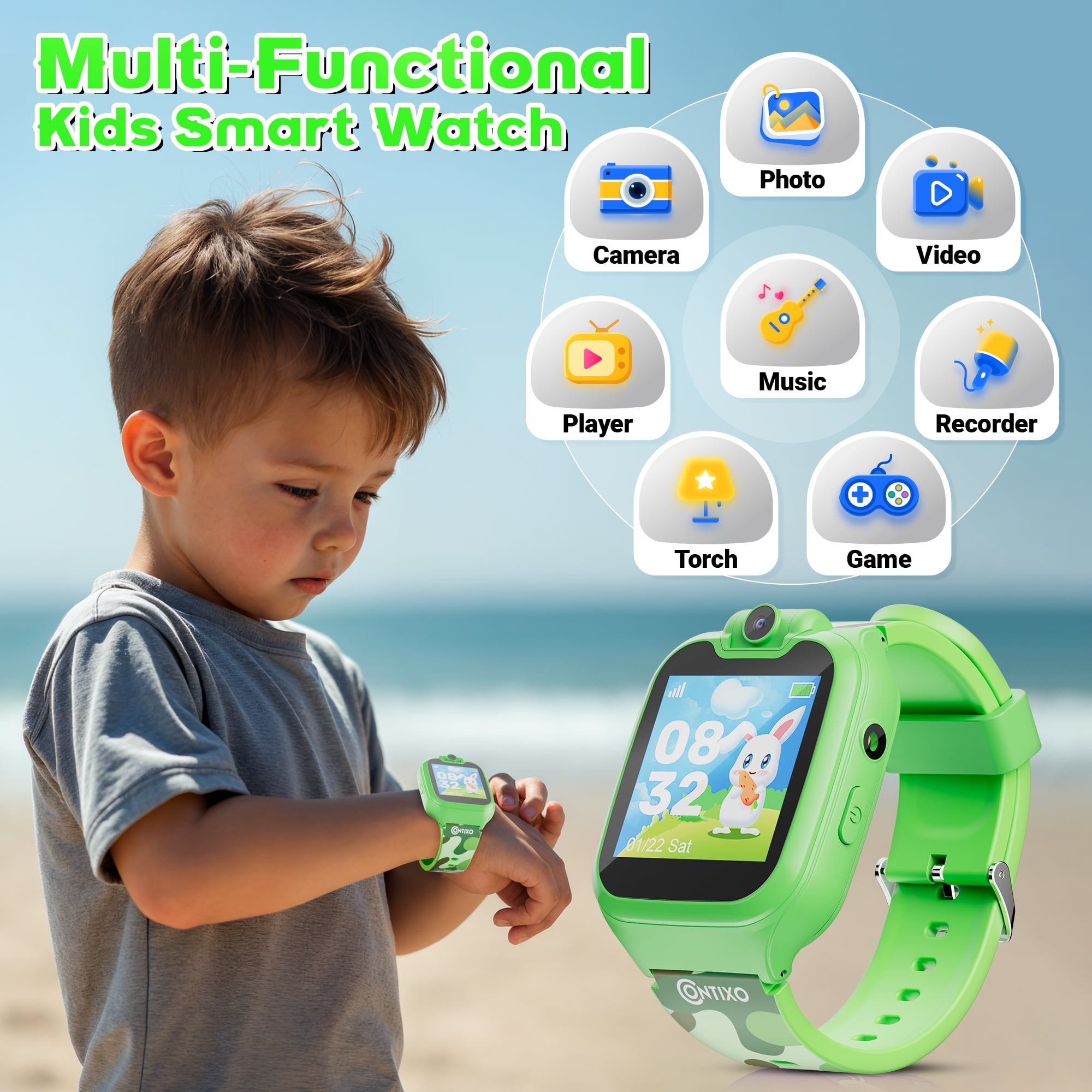 (2 pack) Contixo Kids Smart Watch with 1.54” HD Touch Screen, Kids Watch with 16 Educational Games and Rotating Camera, Green