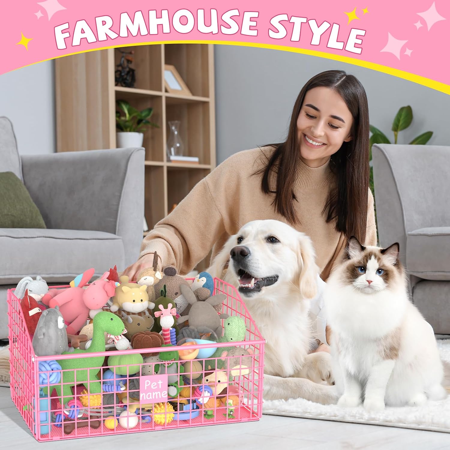 Indestructible Dog Toy Basket Large Metal Storage Bin for Toys Food Pink