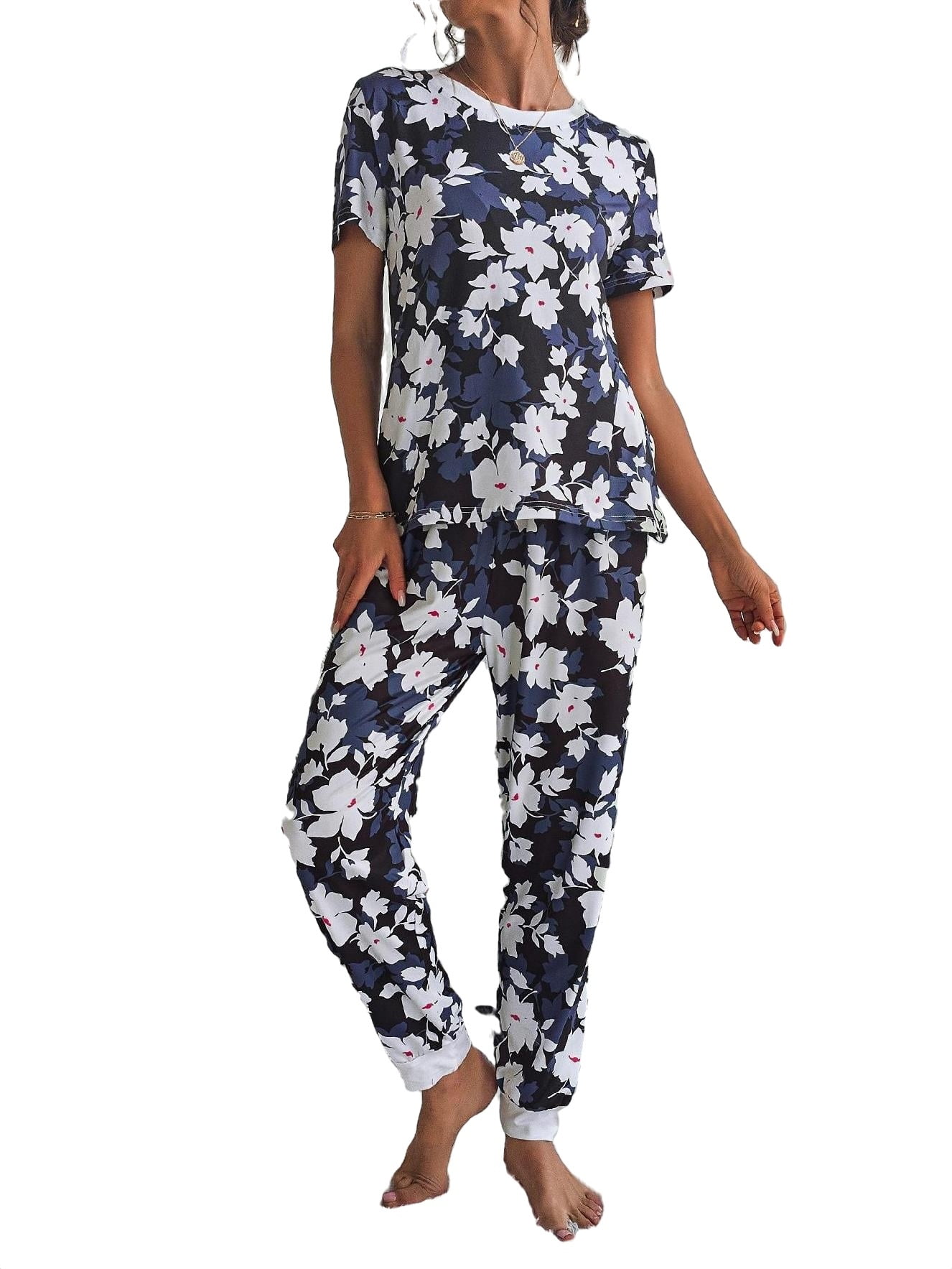 2pcs Set Casual All Over Print Round Neck PJ Pant Sets Short Sleeve Women's Pajama Sets (Women's