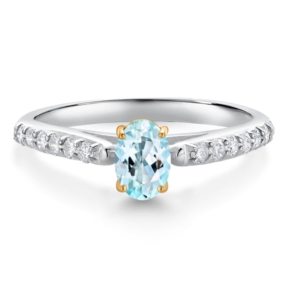 Gem Stone King 925 Sterling Silver and 10K Yellow Gold Sky Blue Topaz and White Lab Grown Diamond Engagement Ring for Women (0.68 Cttw, Oval 6X4MM, Gemstone November Birthstone, Size 8)
