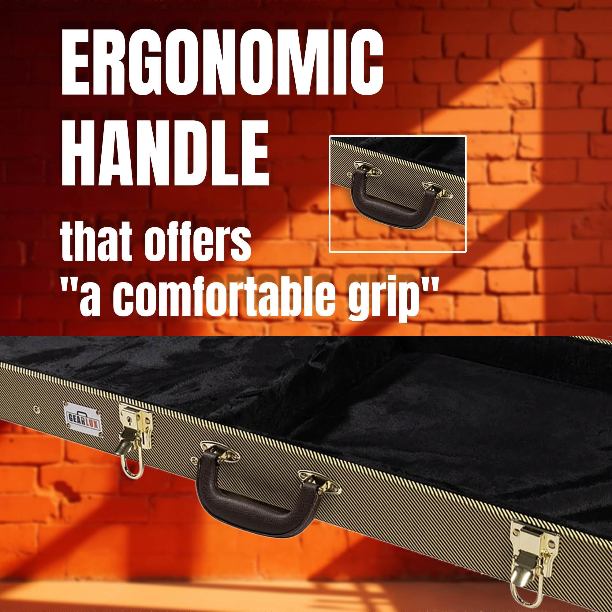 Gearlux Electric Guitar Hard Case for Fender Stratocaster/Telecaster and Standard-Size Guitars with Exterior Lock and Key, Interior Accessory Compartment, and Plush Interior Padding - Tweed