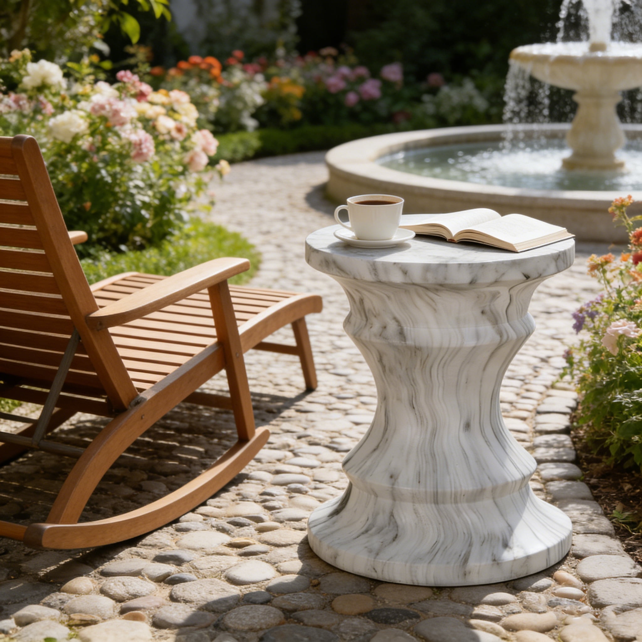 Cement Side Table, Faux Terrazzo Modern Round Accent End Table for Patio Garden Outdoor Home Decor, Marble