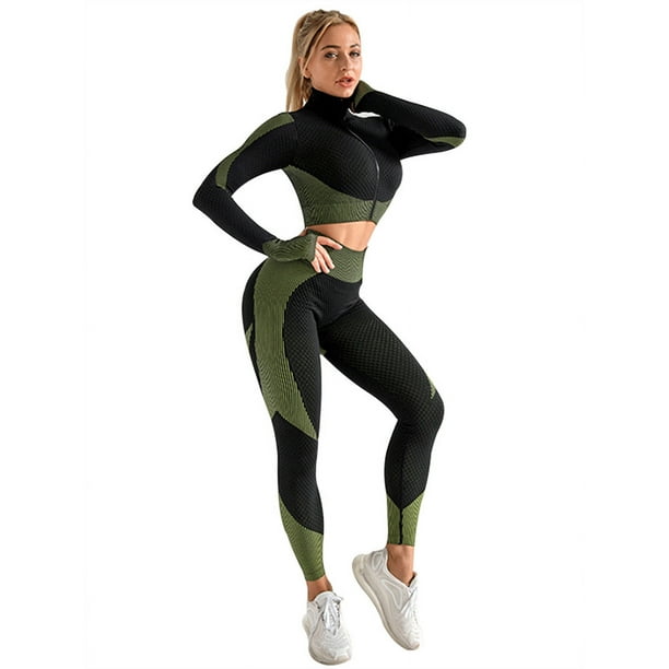 Pantalones de yoga sin costuras europeos y americanos Top con cremallera de manga larga Traje de dos piezas Pantalones deportivos absorbentes del sudor de secado rápido Pantalones deportivos para