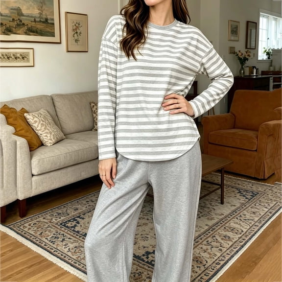 sdhkgrrt Women's 2 Piece Pajama Set Striped Long Sleeve Round Neck Pullover Tops Wide Leg Pants Casual Outfit Soft Comfy Stretchy Lounge Tracksuit, Gray M