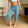 thumbnail image 2 of Women Elastic High Waist Capri Lounge Pants, Ruffle Hem Loose Fit Cropped Pajama Bottoms, Soft Stretchy Lightweight Casual Trousers Mint Green L(L), 2 of 6