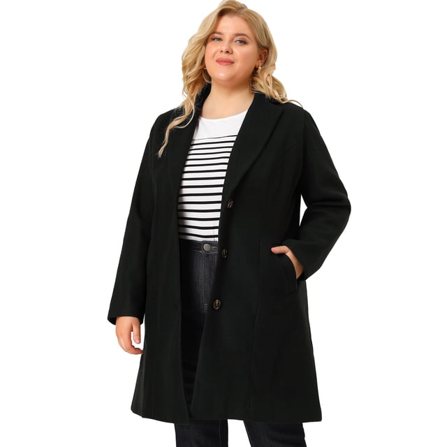 Women's Plus Size Winter Coats Elegant Notched Lapel Single Breasted Trench Coat Black 1X