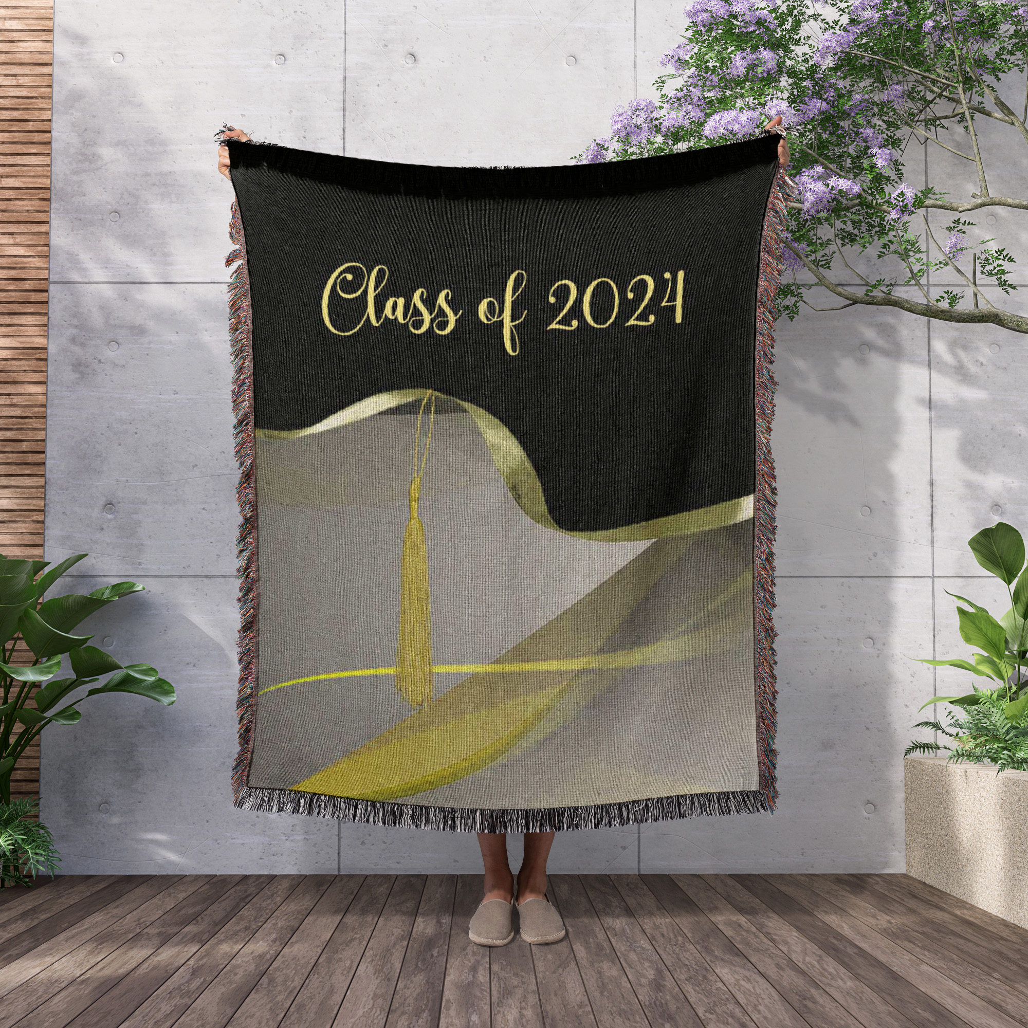 Image Of Graceful Yellow Gold Abstract, Tassel Ribbon, Class Of 2024, Woven Blanket