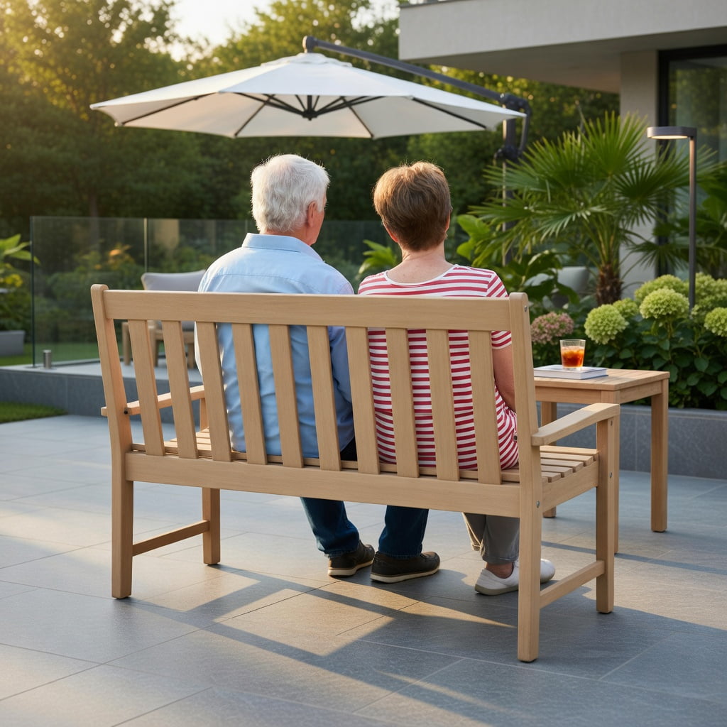 Hommoo 52" All-Weather HDPE Outdoor Bench with Backrest & Armrests, Weather-Resistant Teak-Style Patio Seating for Porch, Garden, Backyard, Natural