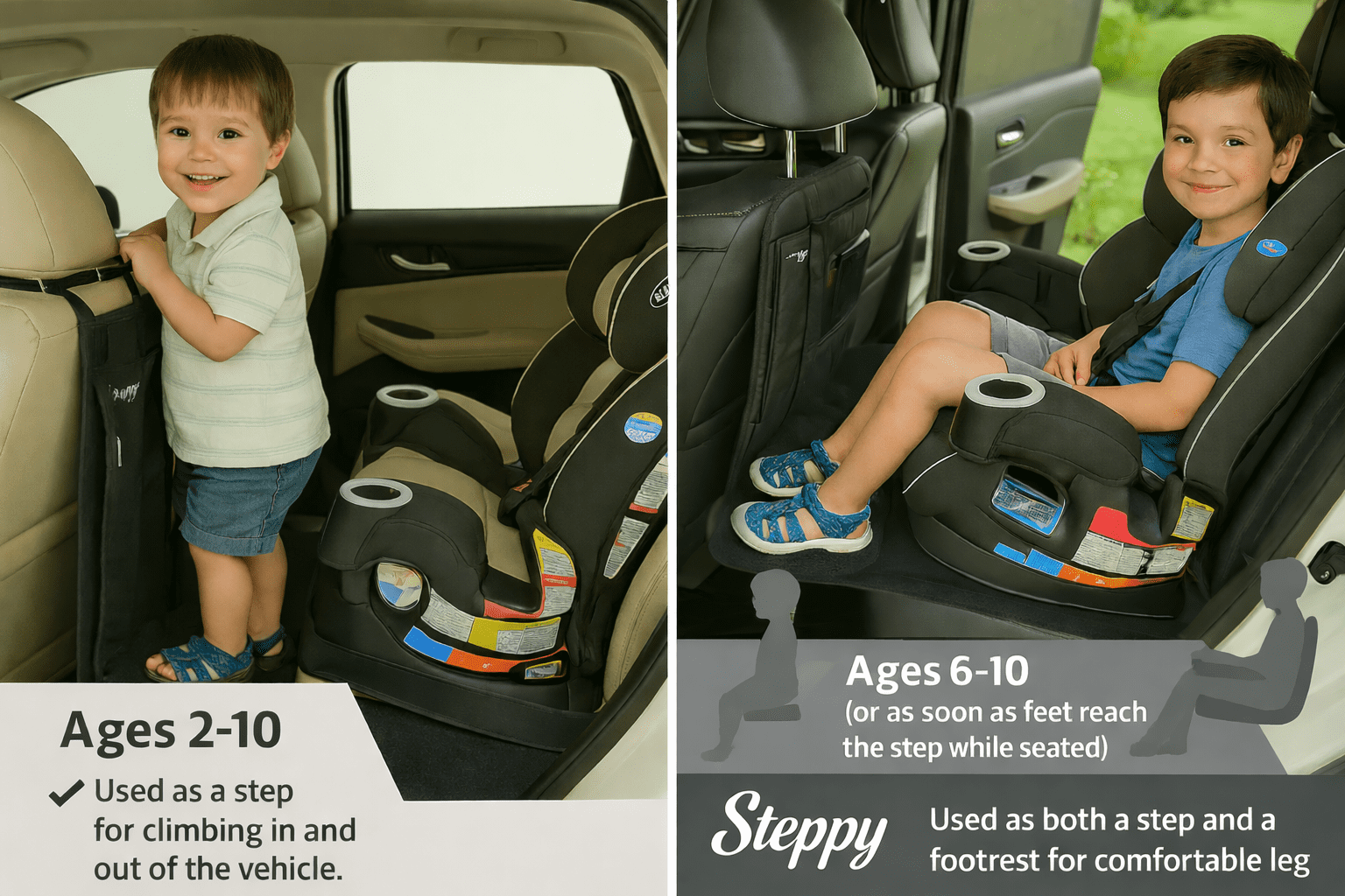 Steppy, car seat step for kids ages 2-7 years old, holds up to 60 lbs, foot rest, protector mat, oxford material, tablet holder