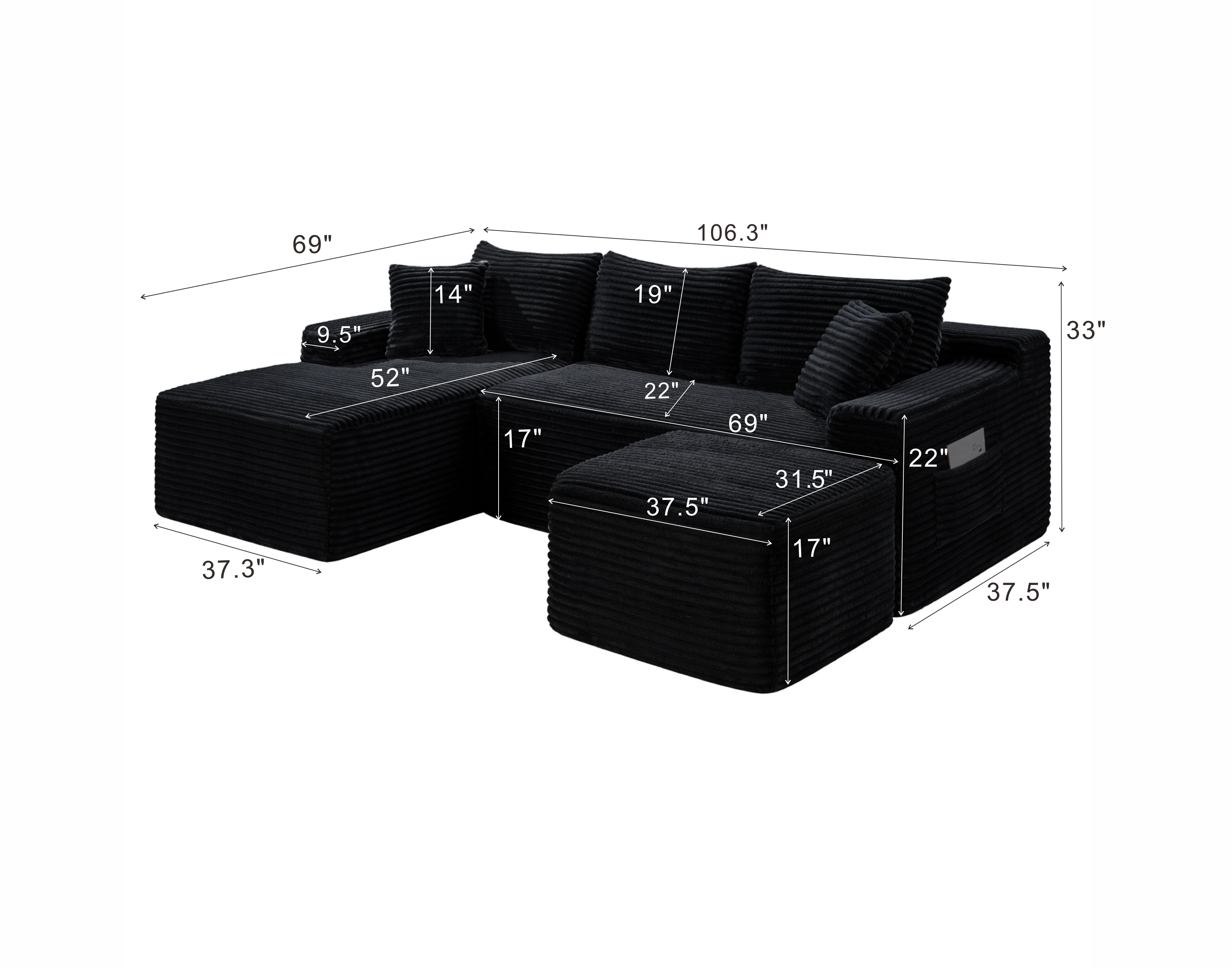 Leumius 106" Sectional Sofa Couch with Deep Seat,U-Shaped Cloud Modular Sleeper Couches for Living Room,Bedroom,Apartment,No Assembly Required,Black-Left