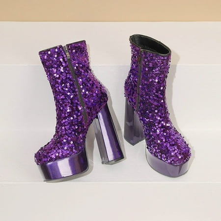 

YOUSNH Women Ankle Boots Autumn and Winter New Pattern Fashion Sequin Decoration Shiny Thick Heel Thick Platform Comfortable Shoes Woman Shoes Purple 8.5
